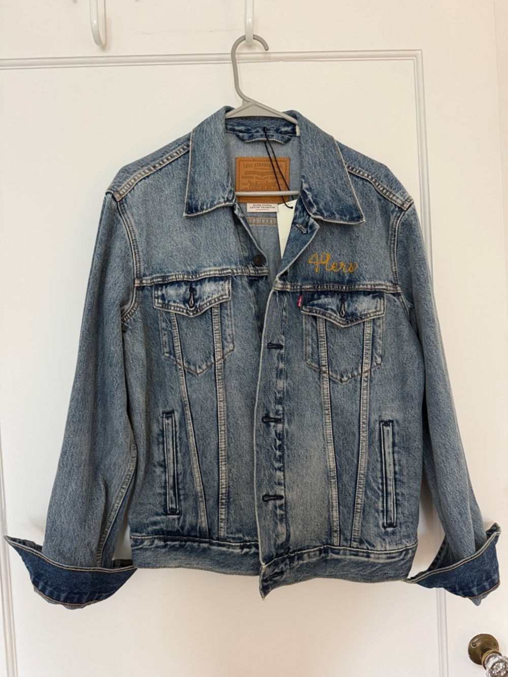 Levi's Light Blue Washed Denim Trucker Jacket with Gold 49ers Embroidery